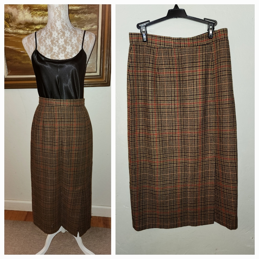 Vintage 1970s Wool Blend Plaid Pencil Skirt